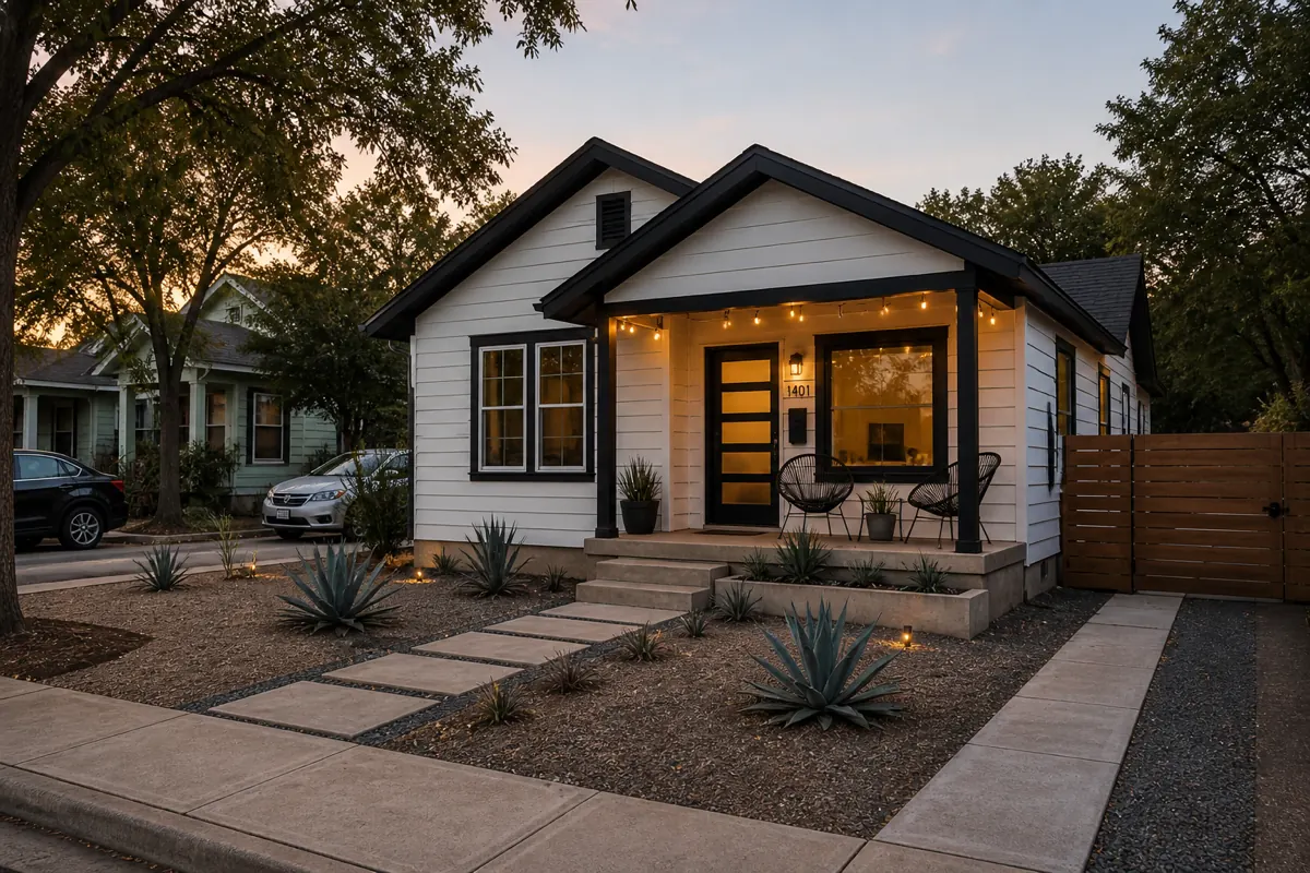 East Austin Airbnb craftsman bungalow at dusk with string lights and porch seating